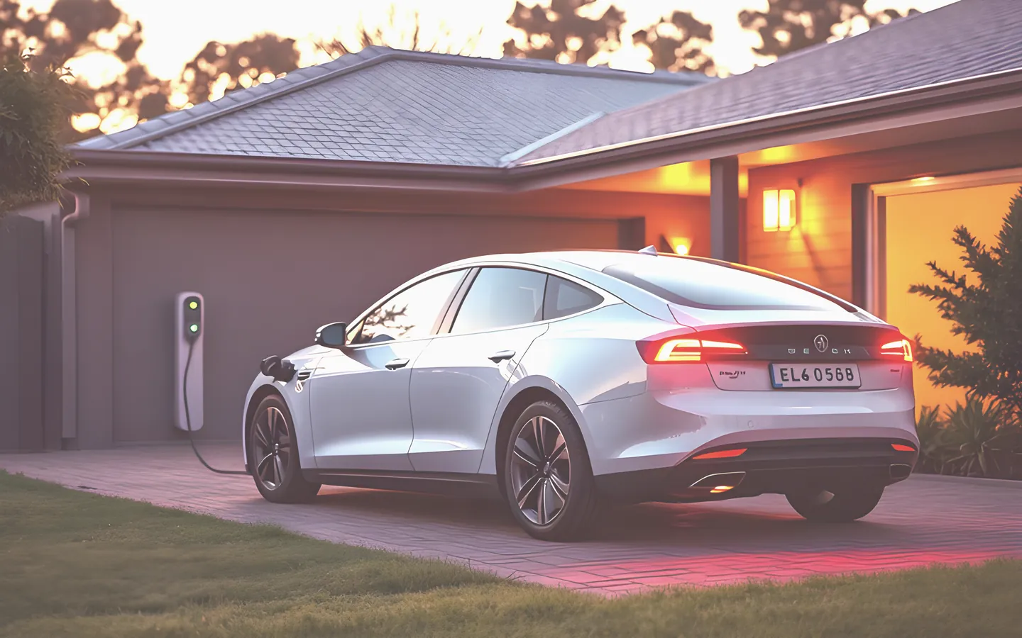 Electric sedan charging outside a modern Australian home