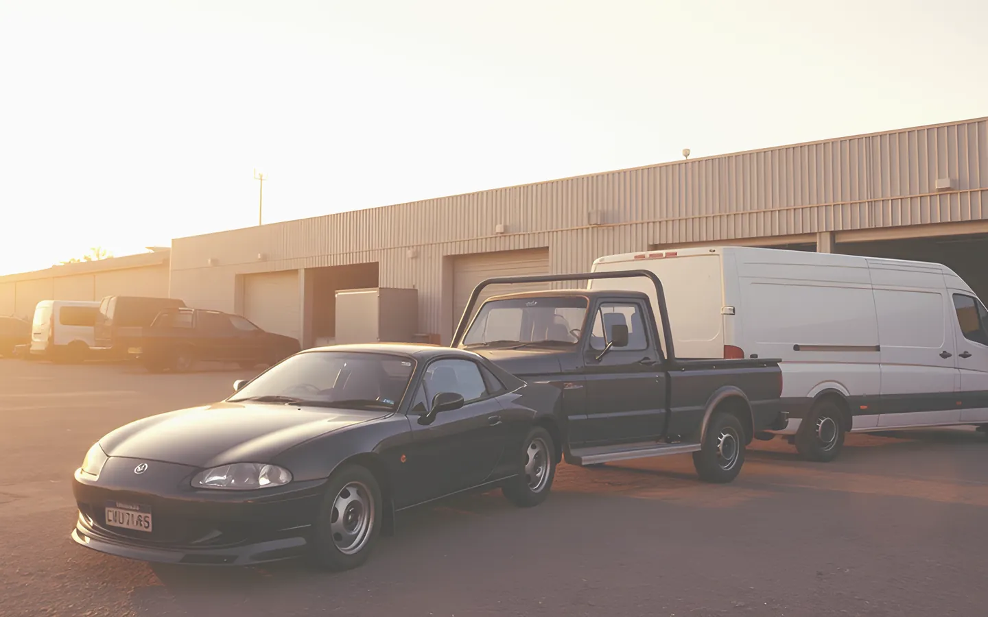 Mixed vehicles, car ute and van parked together at a depot